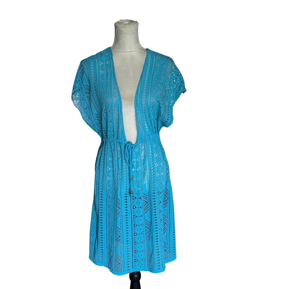 Blue Crochet Beach Cover-Up Dress V Neck Beaded Drawstring Waist - Size L/XL